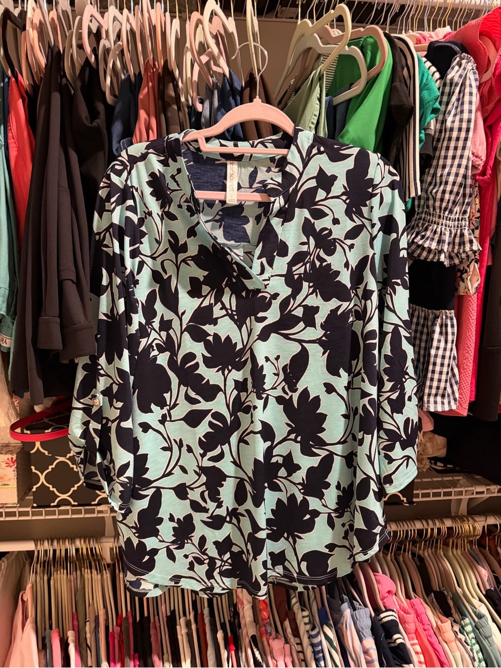 Floral V-Neck Blouse in Mint Green and Navy - Lightweight Women's Top